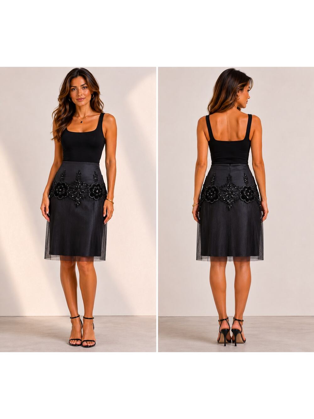 Cache Luxe Black Mesh Layer Bead Embellished New Event Office Skirt NWT $158 10